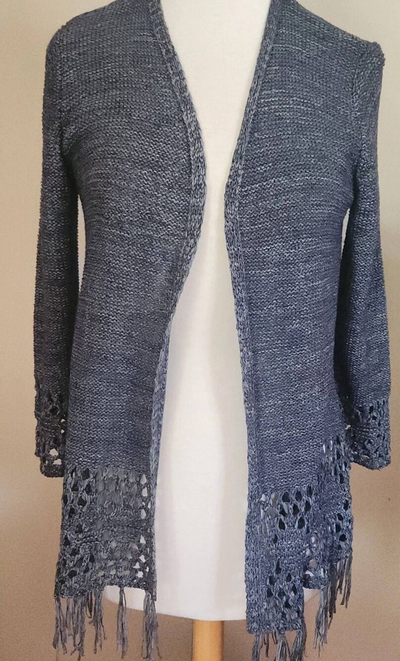 C52 Anne French blue fringed western inspired open front cardigan